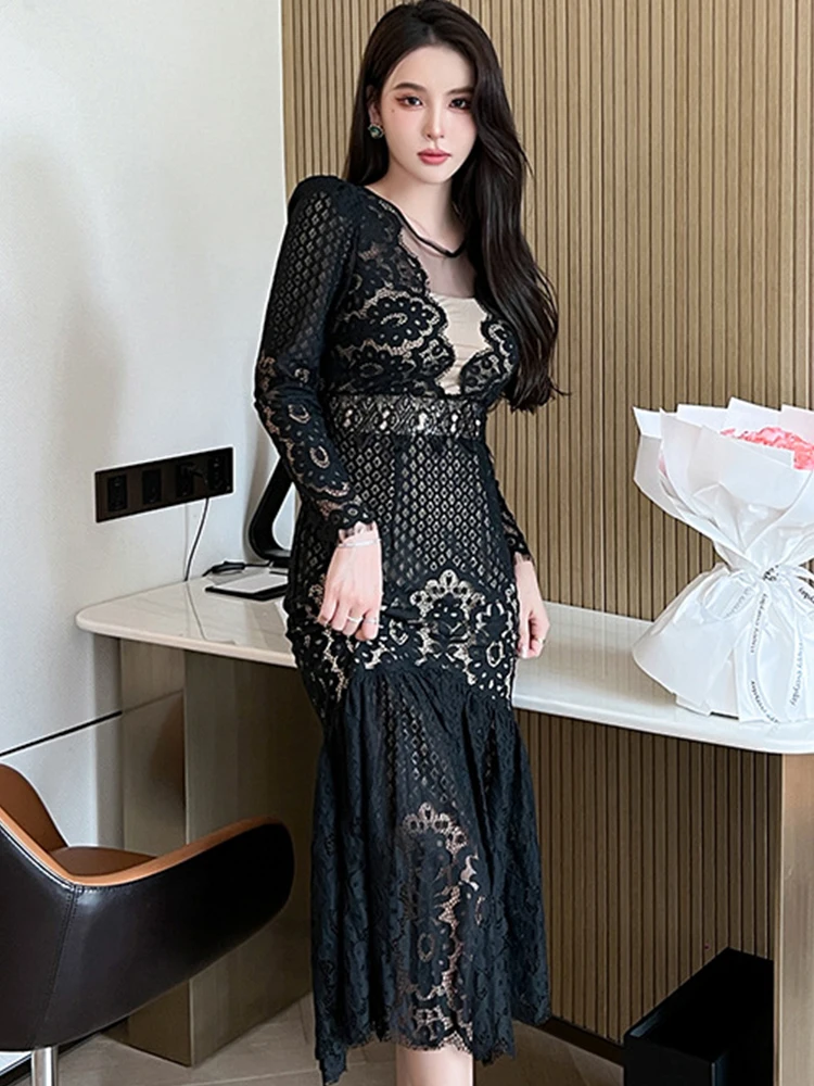 Женское кружевное платье-макси элегантное черное прозрачное платье с юбкой-годе
