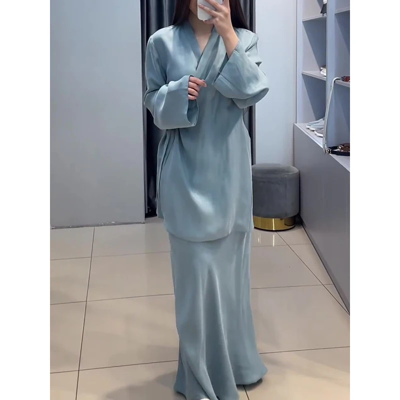 Однотонные свободные Макси-платья Tinaa с длинным рукавом и воротником-рубашкой