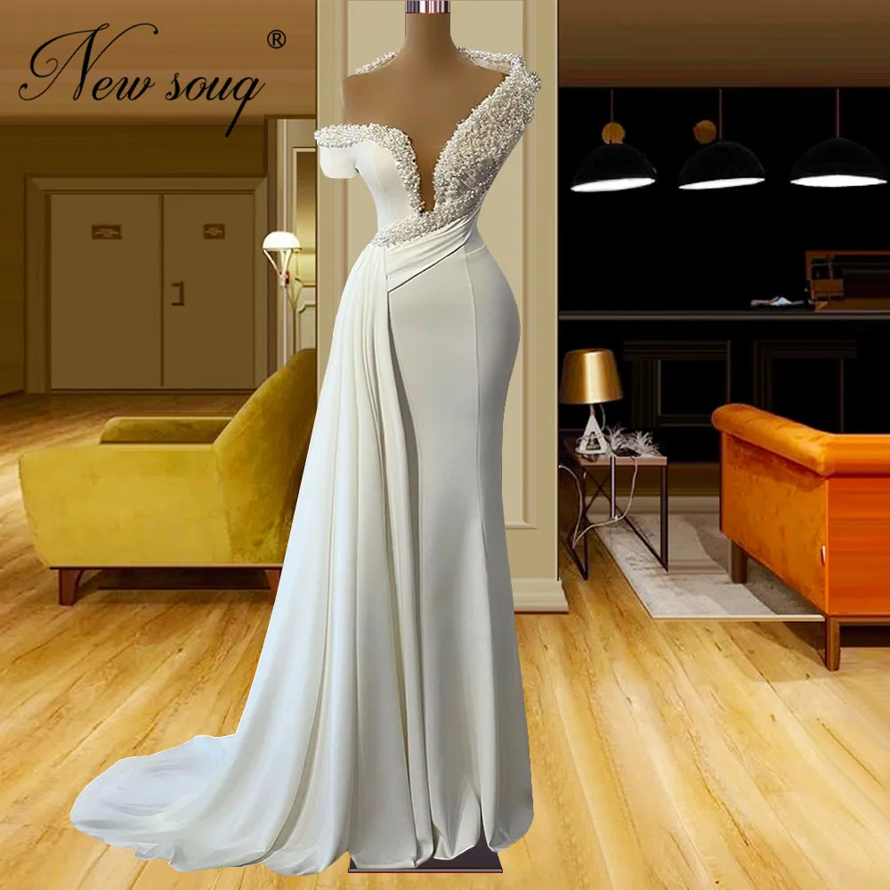 

Женское атласное платье-русалка, длинное вечернее платье цвета слоновой кости с кристаллами, расшитое бисером, в стиле Звезд, для свадьбы ил...