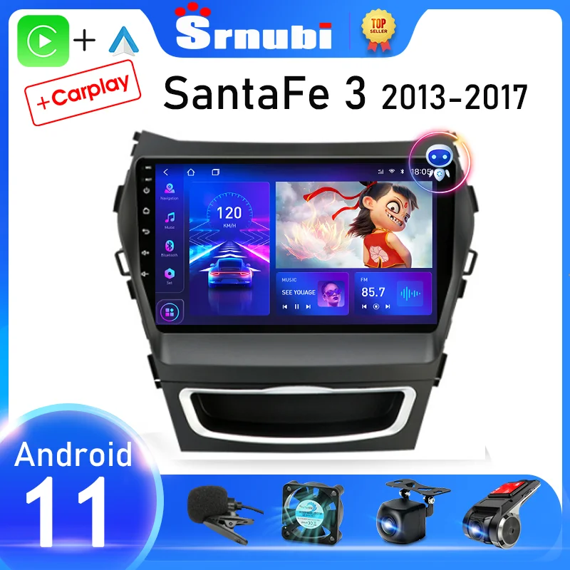 Автомагнитола Srnubi Android 11 для Hyundai Santa Fe 3 2013-2017 с мультимедийным плеером, 2 DIN навигацией GPS, Carplay и DVD-проигрывателем