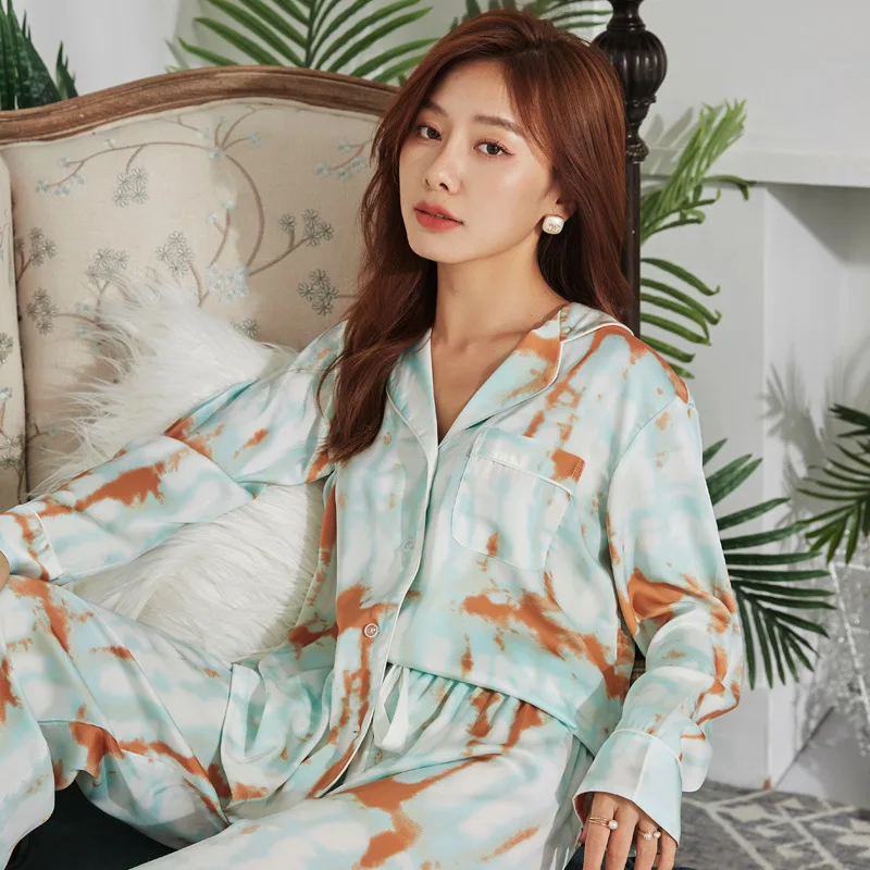 Women's 2 Piece Pajamas Sets Lapel Tie-dyed Pijama Ice Silk Female Pyjama Sleepwear Long Sleeve Shirt Pants Homewear Loungewear