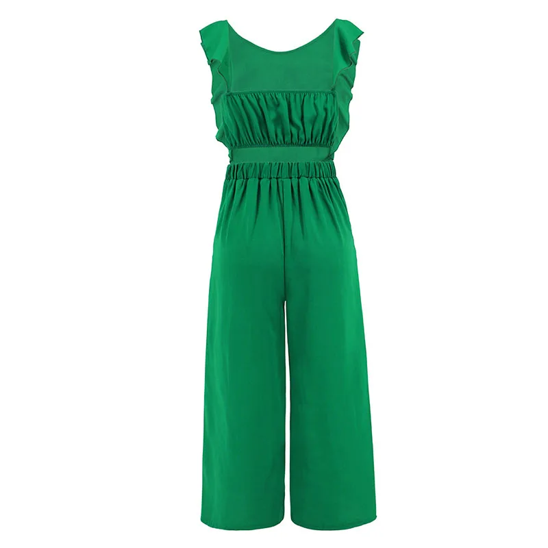 Jumpsuits Forwomen Elegant Office Lady Ruffle Sleeveless Lace Up Straight Leg Pants 2023 Summer New O Neck High Waist Jumpsuit