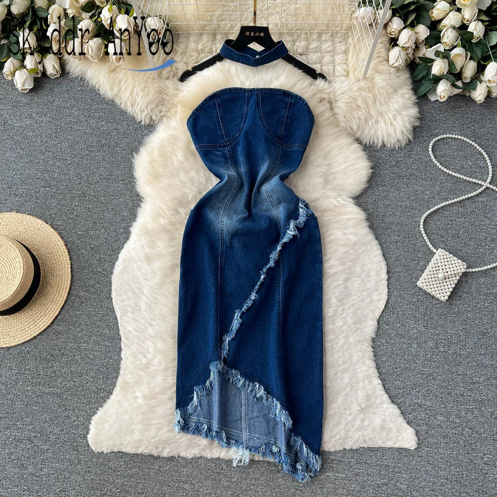 

Летнее джинсовое женское платье без бретелек, сексуальное облегающее платье миди без рукавов, асимметричное облегающее винтажное платье для женщин