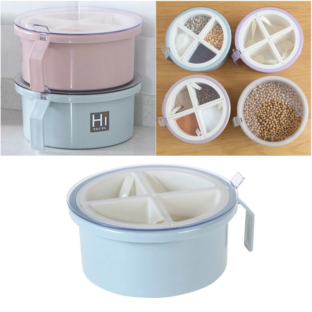 

Kitchen Seasoning Box Round 4- Compartment Condiment Jar Cruet Salt Pepper Organizer with Cover and Spoon for Kitchen Sky- blue
