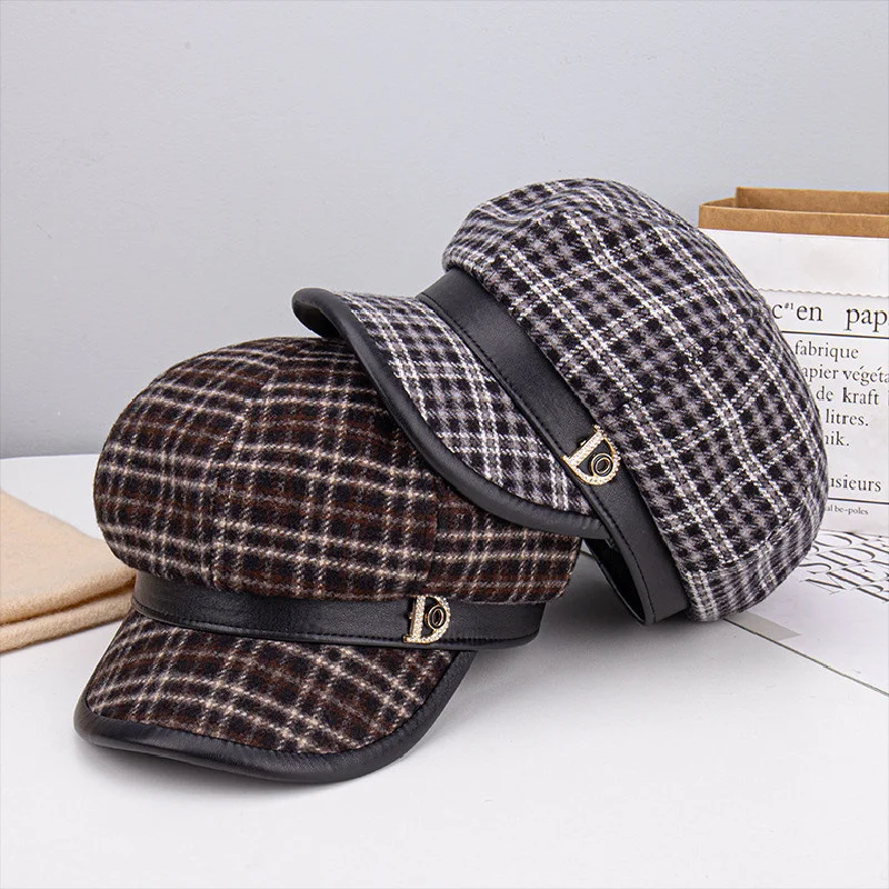 

Octagonal Cap Woman Winter Autumn Warm Plaid Hats Female Retro Painter British Newsboy Caps Casual Woolen Sunscreen Tour Hat