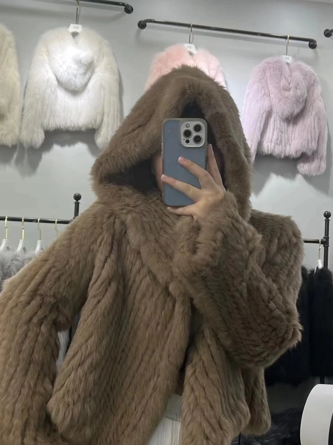 natural genuine New Real rabbit fur coat with hood women knitted rabbit fur jacket ladies fashion outwear