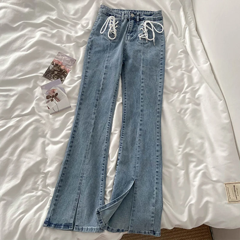 

Винтажные милые джинсовые расклешенные брюки с высокой талией, женские шикарные облегающие брюки на шнуровке, разрезанные брюки, женская уличная одежда, джинсы Y2K, брюки для девочек