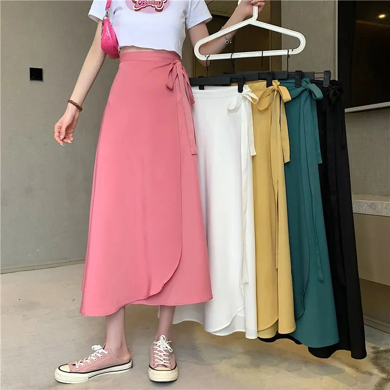 

Y2K Chiffon Women Skirts Korean Fashion Bandage A Line Midi Skirts Summer Casual All Match Female Loose Skirts New