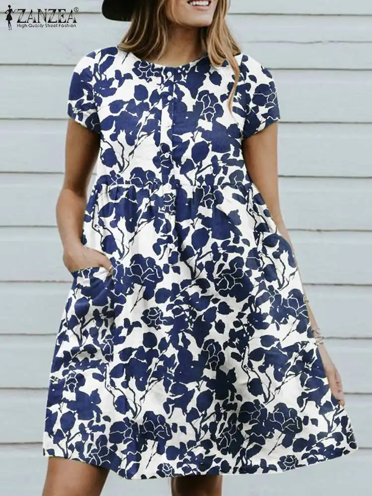 

Новый Модный летний пляжный сарафан ZANZEA, винтажное платье с круглым вырезом и коротким рукавом 2022, богемные платья с цветочным принтом, плат...