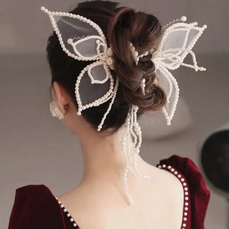 

2pcs/set Pearl Hair Clips For Women Bride Hairpins Double Layer Silk Butterfly Hair Barrettes Fashion Hairgrip Hair Accessories