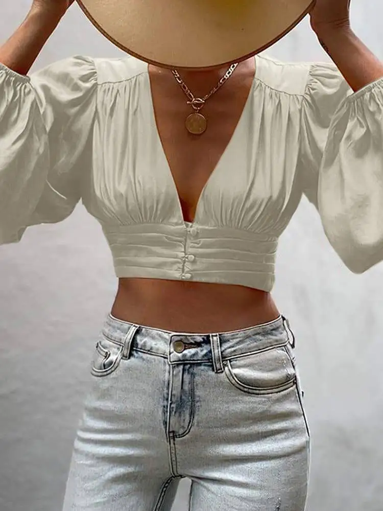 

Celmia Sexy Deep V Neck Pleated Shirts Women Lantern Sleeve Satin Elegant Blouses 2022 Fashion Buttons Waisted Street Short Tops