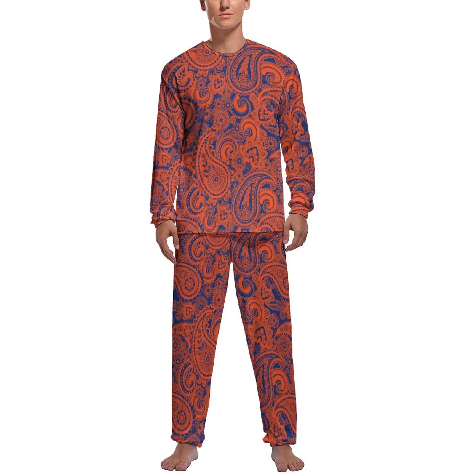 

Paisley Print Pajamas Blue and Orange Men Long Sleeve Elegant Pajamas Set 2 Piece Home Autumn Graphic Home Suit Birthday Present