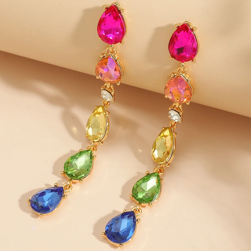 

Rainbow Wedding Fuchsia Earrings Geometric Dangle Earrings Boho Long Colored Crystal Statement Tear Drop Earrings Jewelry