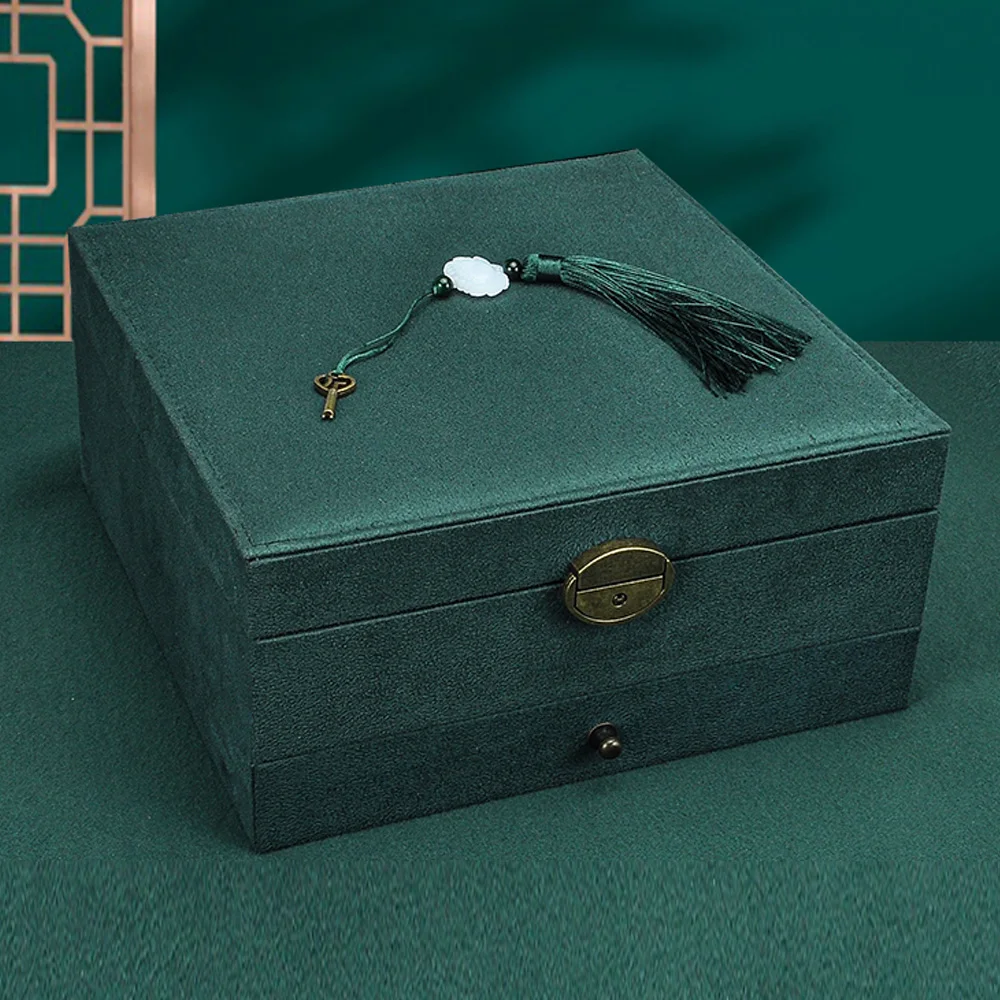 5 Layers Jewelry Box Women Girls Necklace Earings Organizer Ring Case Drawer Metal Lock Tassel Key Green Pink Navy Black AOJCAJA