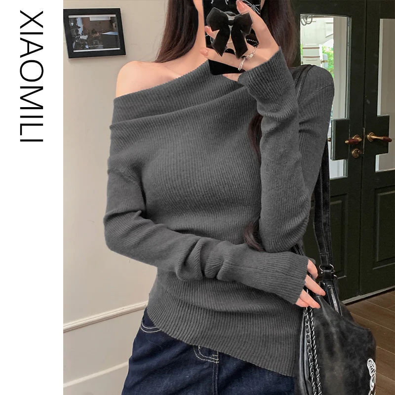 Сексуальная трикотажная женская зимняя рубашка Gyaru с открытыми плечами и