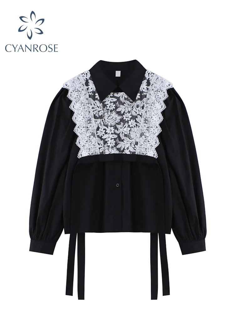 Женская свободная черная рубашка с отложным воротником корейские весенние