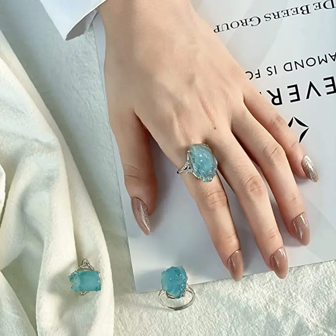 

YEEVAA Natural Blue Aquamarine Crystal Adjustable Ring White Gold Plated Ocean Gemstone Ring Jewelry AAAAA
