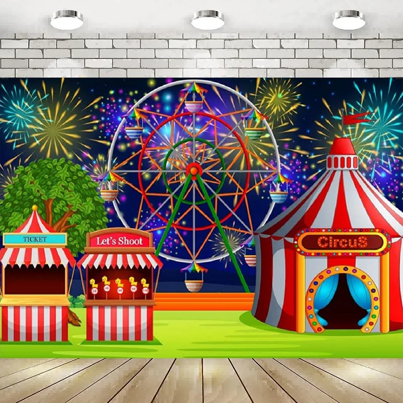 

Fairground Circus Tent Backdrop Cartoon Amusement Park Ferris Wheel Fireworks Photography Background Carnival Party Decor Banne