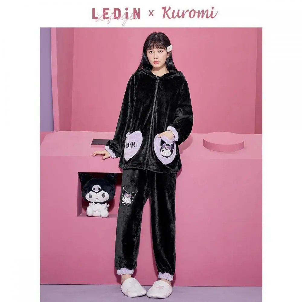 

Winter Sanrio Kuromi Pajama Sets Cartoon Anime Flannel Hooded Pijamas Women Thickened Kawaii Housewear Black