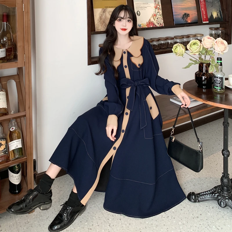 

High Street Patchwork Women Dresses 2022 New Korean Casual High Waist Belt Belt Long Sleeve Dress Fashion A-LINE Midi Clothing