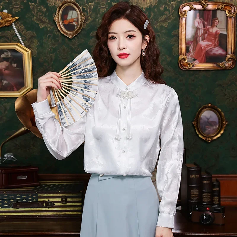 Винтажная белая рубашка с воротником-стойкой в китайском стиле весенний сезон