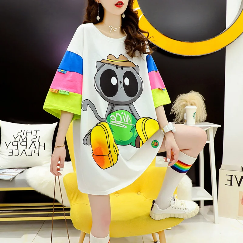 #4360 Black White Cartoon Printed T Shirt Women Spliced Color Short Sleeve T Shirt For Girl Loose Casual T-Shirt Femme Summer