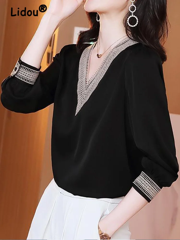 

Elegant Fashion V-neck Embroidery Hollow Out Dignified Shirt New Summer Autumn 2022 Long Sleeve Solid Color Women's Clothing