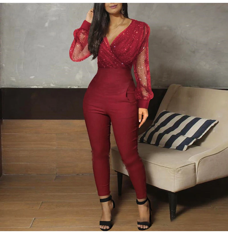 Womens Elegant Sequins Mesh Glitter Jumpsuit New Spring Rompers Party Night Autumn Female Solid Casual V-neck Full Length Pants