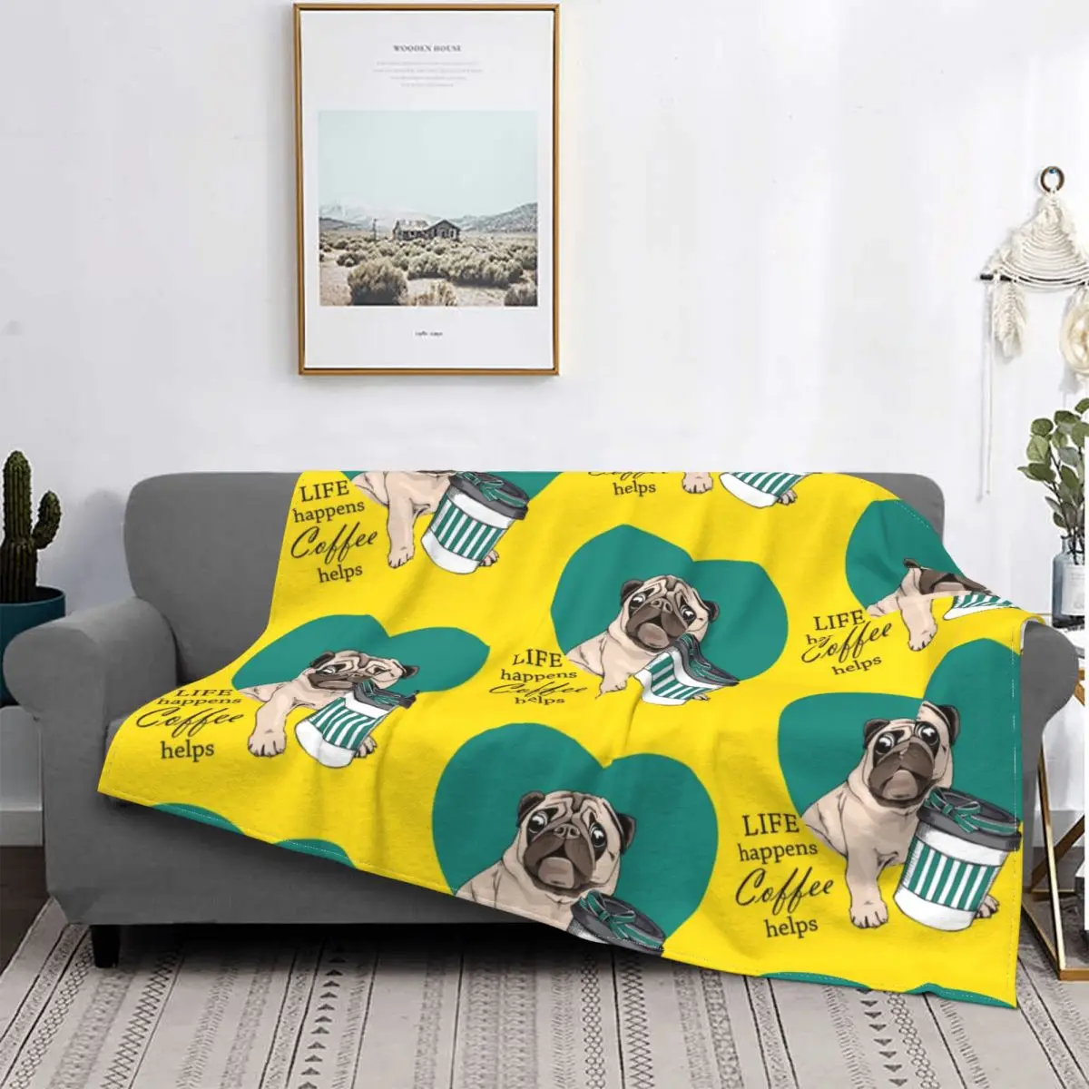 

Sweet Pug Life Coffee Helps Blanket Flannel Print Cute Dog Multifunction Soft Throw Blankets for Sofa Bedroom Plush Thin Quilt