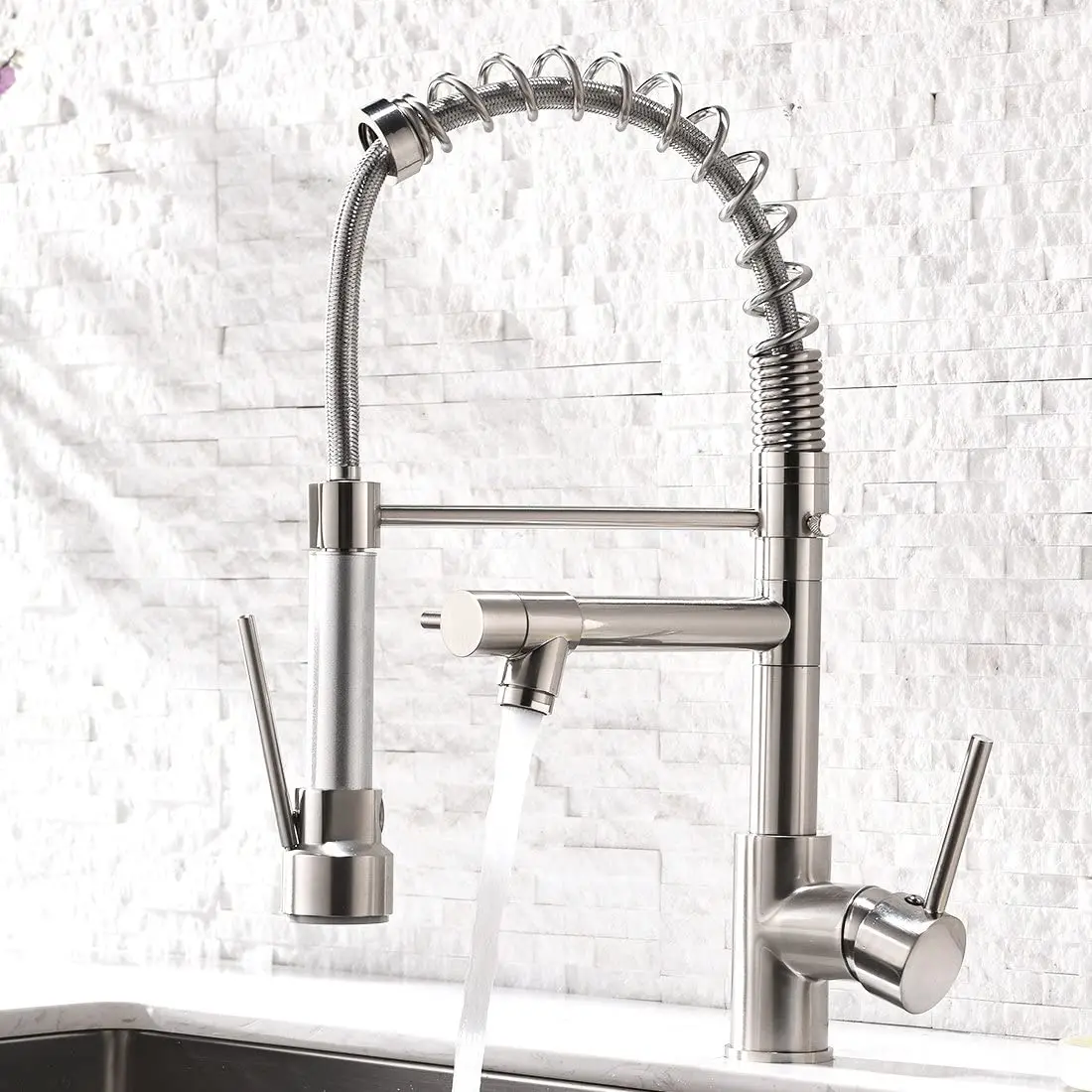 Enlarge OMIDA  Contemporary Kitchen Sink Faucet,Single Handle Brass  Faucets with Pull Down Sprayer Brushed Nickel