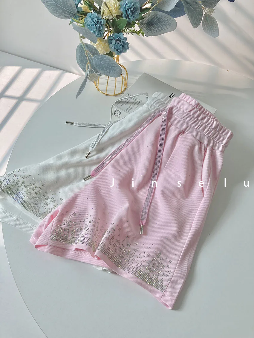 2023 New Summer Rhinestone Chic Shorts Women's High Waist Loose Temperament Shiny Cotton A-line Wide-Leg Hot Pants Booty Shorts