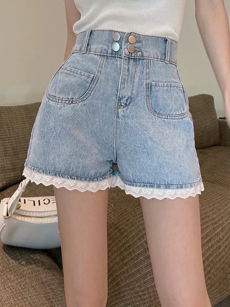 New Streetwear Women High Waist Lace Spliced Blue Denim Shorts Spring Summer Female Wide Leg Jeans Shorts Bottoms