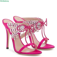 rose red crystal strap slippers round toe thin high heel solid shallow sexy outside elegant fashion women summer slides