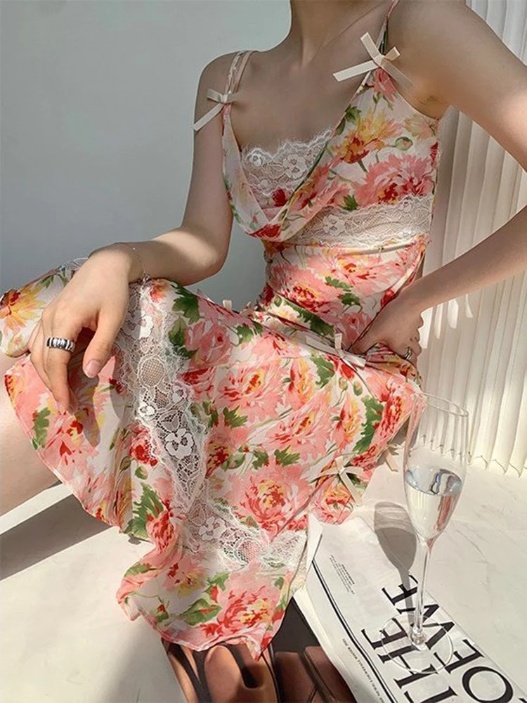 

Платье женское кружевное с цветочным принтом, милое повседневное пляжное офисное слитное платье на бретелях-спагетти, в винтажном стиле, в ...