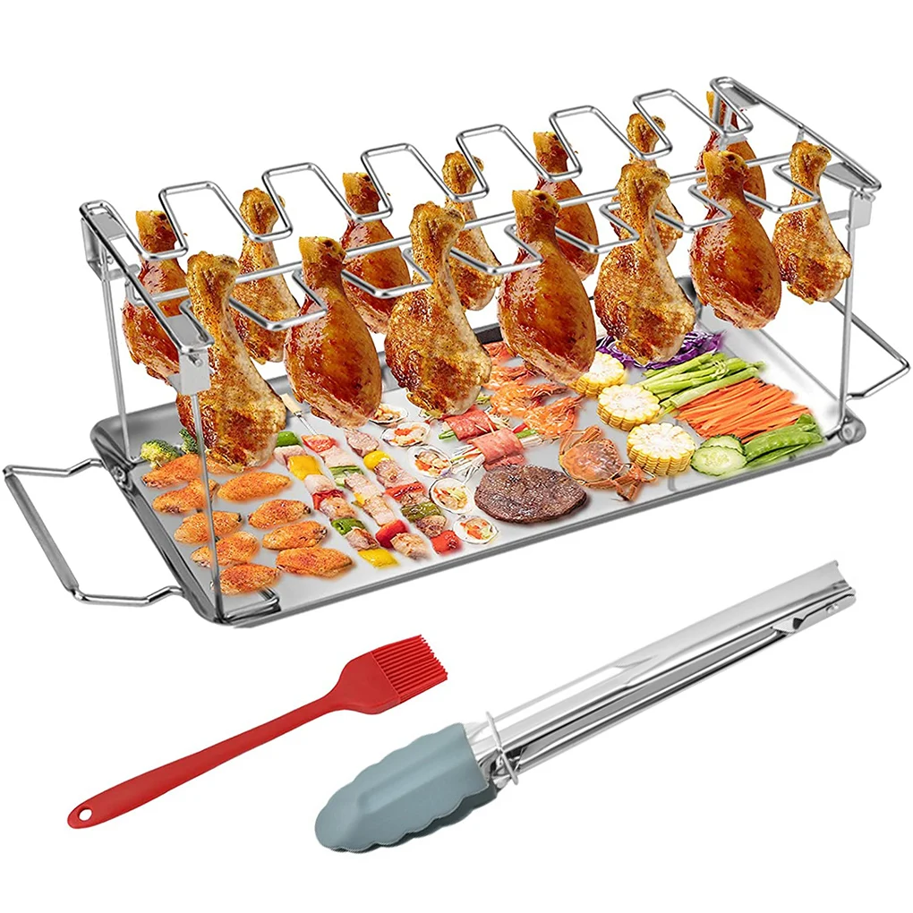 

BBQ Beef Chicken Leg Wing Grill Rack 14 Slots Stainless Steel Barbecue Drumsticks Holder Smoker Oven Roaster Stand with Drip Pan