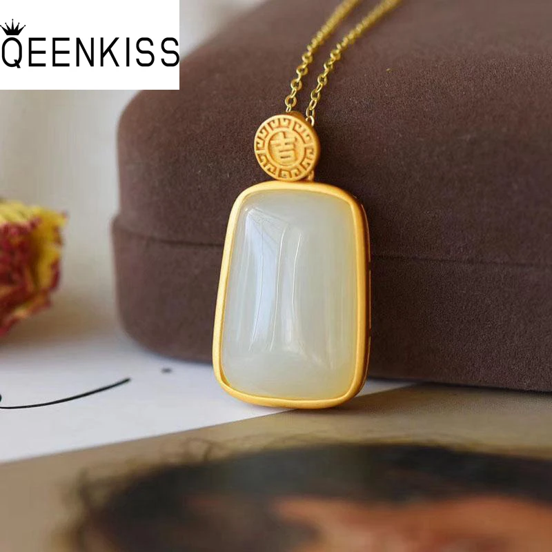 

QEENKISS NC5255 Fine Jewelry Wholesale Fashion Woman Girl Bride Mother Birthday Wedding Gift Geometry Jade 24KT Gold Necklace