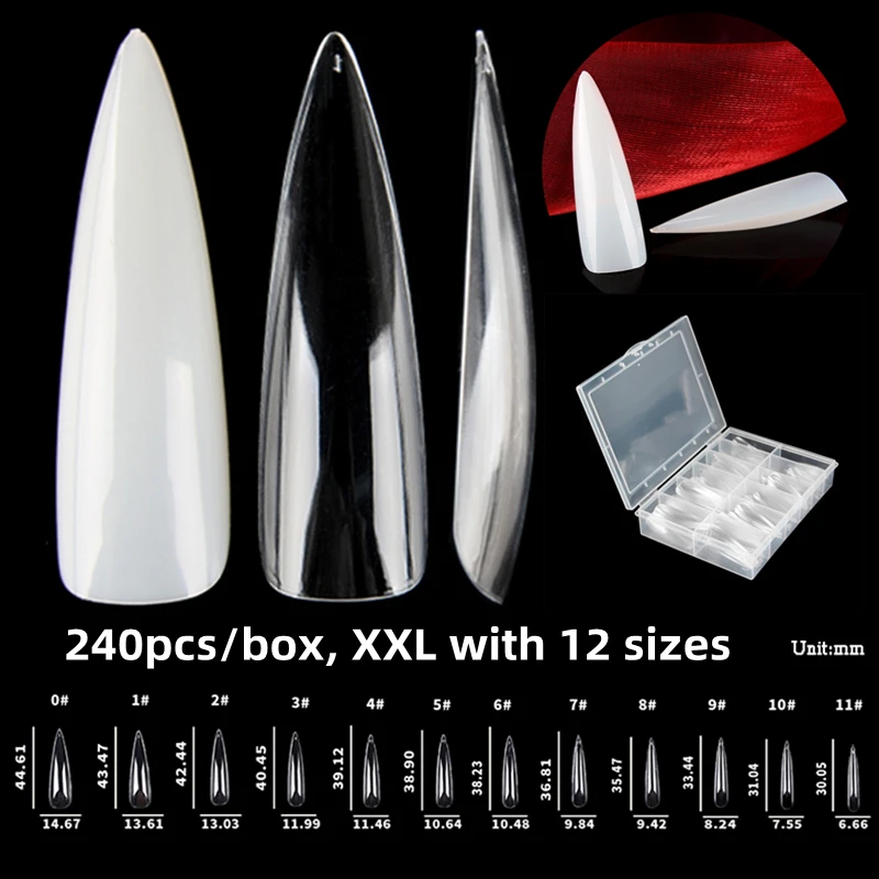 

240pcs XXL Stiletto False Nails Extra Long Pointed Full Cover Fingernail Tips Thin Flexible Salon DIY Artificial Nail Art Tip