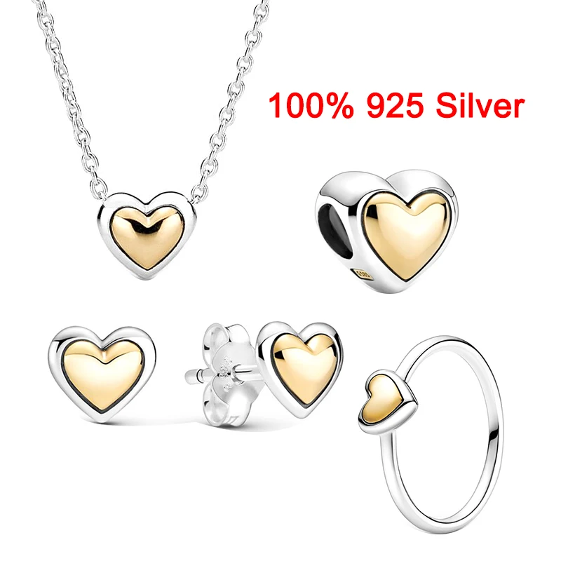 

Free Shipping 2021 Summer New Style 100% 925 Silver High Quality Original Logo Domed Golden Heart Charm Ring Necklace Set