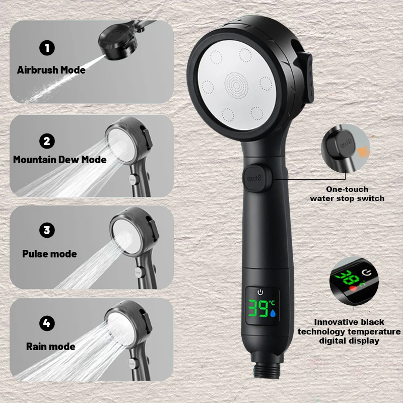 

High Pressure New Temperature Digital LED Display Shower Head 4 Model Adjustable Water Saving Handheld SprayOne-keyStop Bathroom