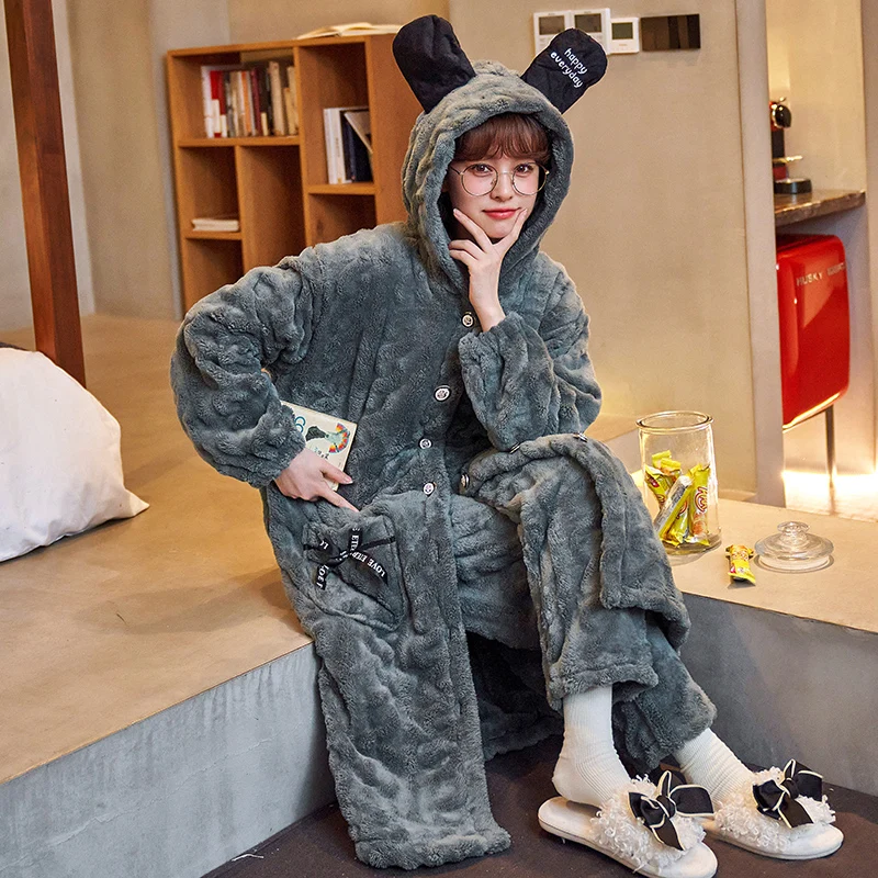 Thicker Women's Pajamas Warm Sweet Hooded Nightgown Winter Flannel Kawaii Home Clothes Female Cute Soft Chic Robes 2XL Pajamas