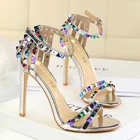 classic high heels roman style womens shoes open toe one line with hollow out color rivet sandals