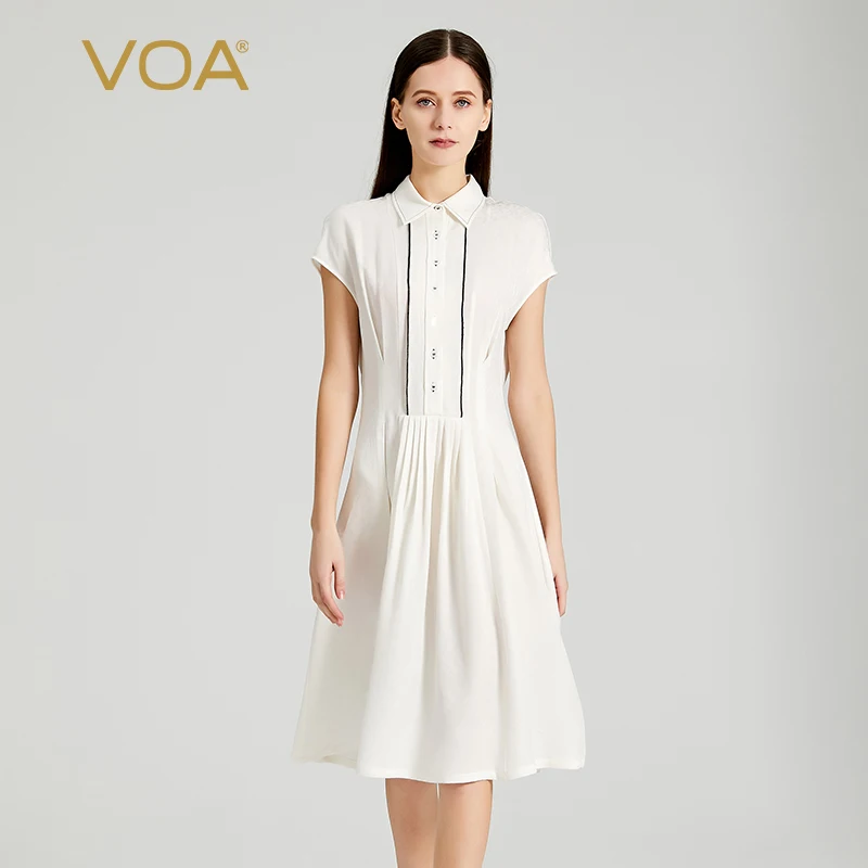 

VOA Silk 22m/m White Jacquard Polo Collar Short Sleeve Dresses Education Grams Pleats Mosaic Decorative X-line Summer Dress AE87
