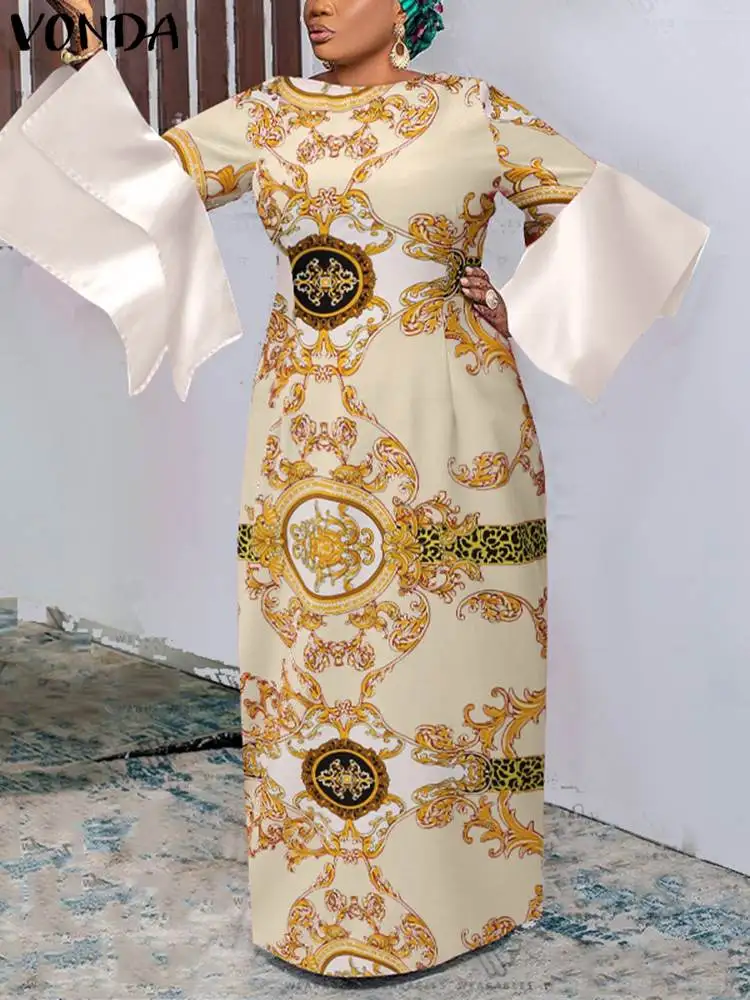 

VONDA Party Dress Women Bohemian Printed Evening Dress 2022 Autumn Casual Loose Long Flare Sleeve Vintage Pleated Maxi Robe