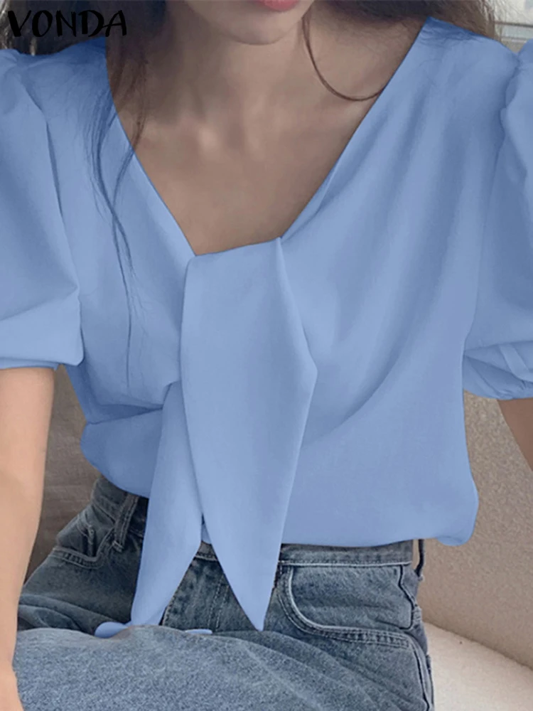 

V Neck Tops Women's Fashion Short Sleeve Shirts VONDA 2022 Casual Baggy Solid Color Pleated Blouse Casual Blusas Feminina Baggy