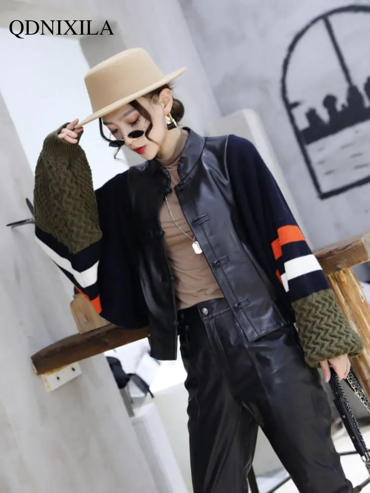 Leather Jacket Women Cardigan Knit Wool Sleeves Ethnic Style New Outerwear Fashion Button Design Women Imitation Sheepskin Coat