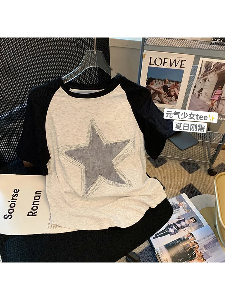 

Women Patchwork Grey Star T-shirt Harajuku Korean Y2k Tee Top Clothes Vintage O-Neck Funny Short Sleeve T-shirts Summer Clothes