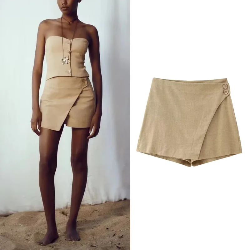 

TRAF Rustic Crossover Skort For Woman 2023 Summer New Casual Style High Waisted With Front Crossover With False Buttons Skort