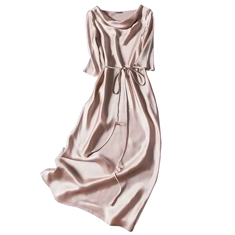 

2022 Spring Summer Fashion Women Elegant Satin Swinging Collar Dress Short Sleeve Ladies Loose Waist Midi A-LINE Dress