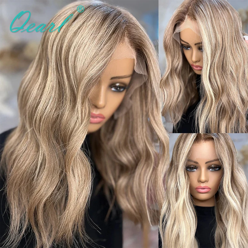 

Ombre Highlights ASh Honey Blonde Full Lace Wig Loose Wavy 13x6 Lace Frontal Wig Light Colored Human Hair Wig for Women Qearl