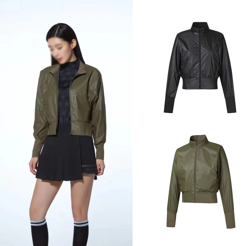 

Women Golf Clothing Autumn and Winter New Short Coat Leather Jacket Wind Proof Sports Warm Zipper Top Stand Collar